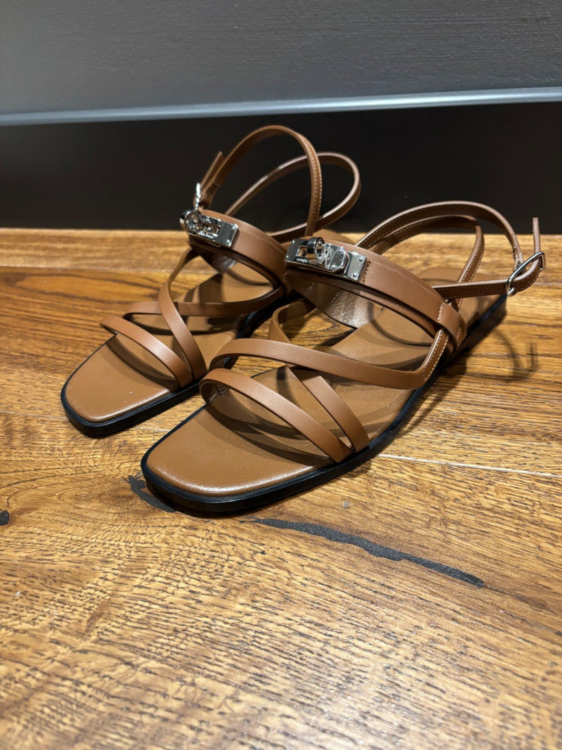 Hermes June Brown Leather Sandals 37,5