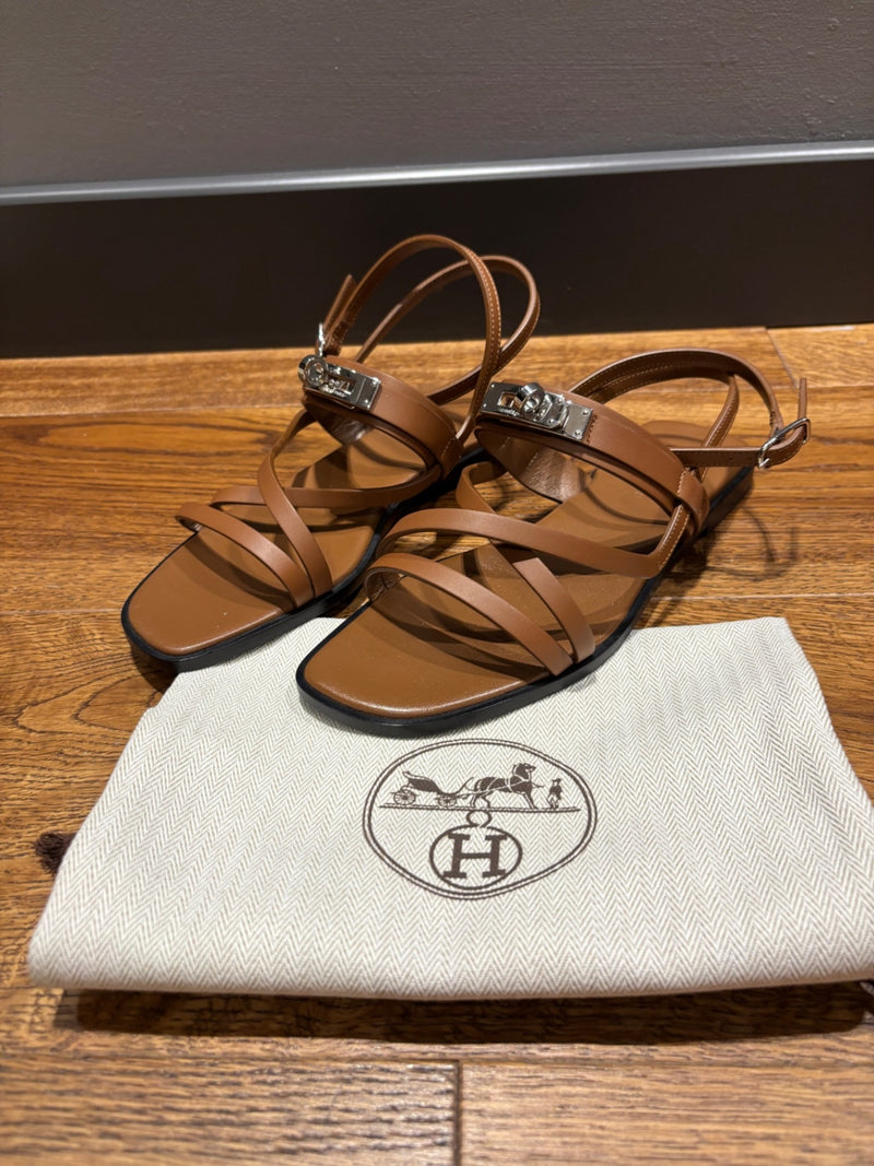 Hermes June Brown Leather Sandals 37,5