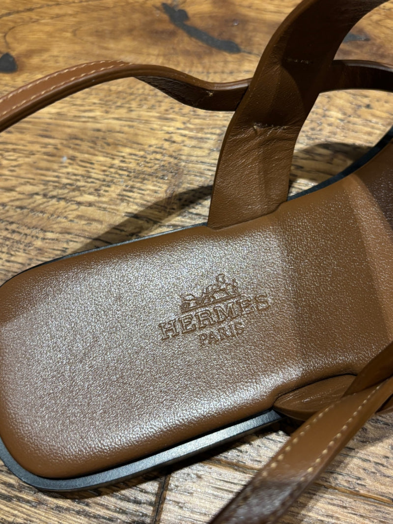 Hermes June Brown Leather Sandals 37,5