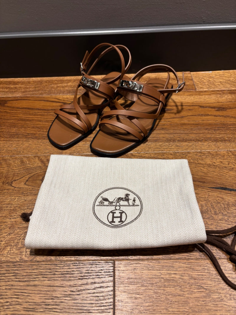 Hermes June Brown Leather Sandals 37,5
