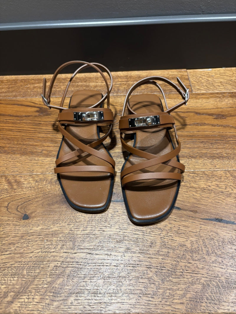 Hermes June Brown Leather Sandals 37,5