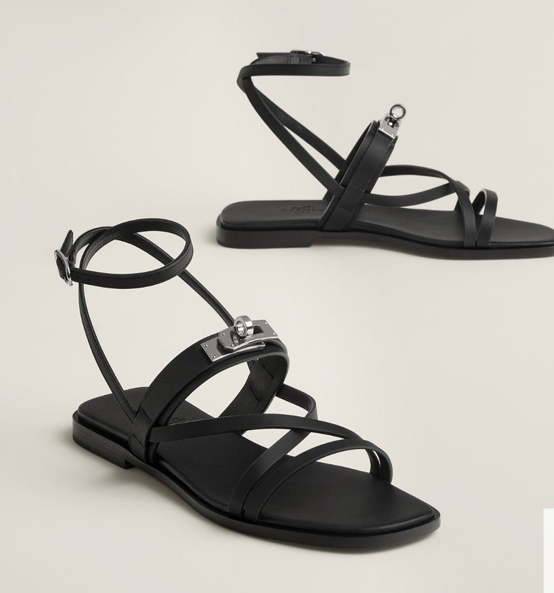 Hermes Black Leather June Sandals 37,5