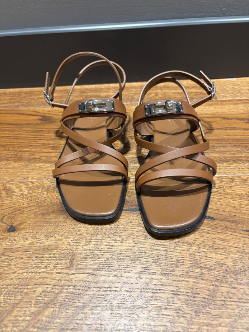 Hermes June Brown Leather Sandals 37,5