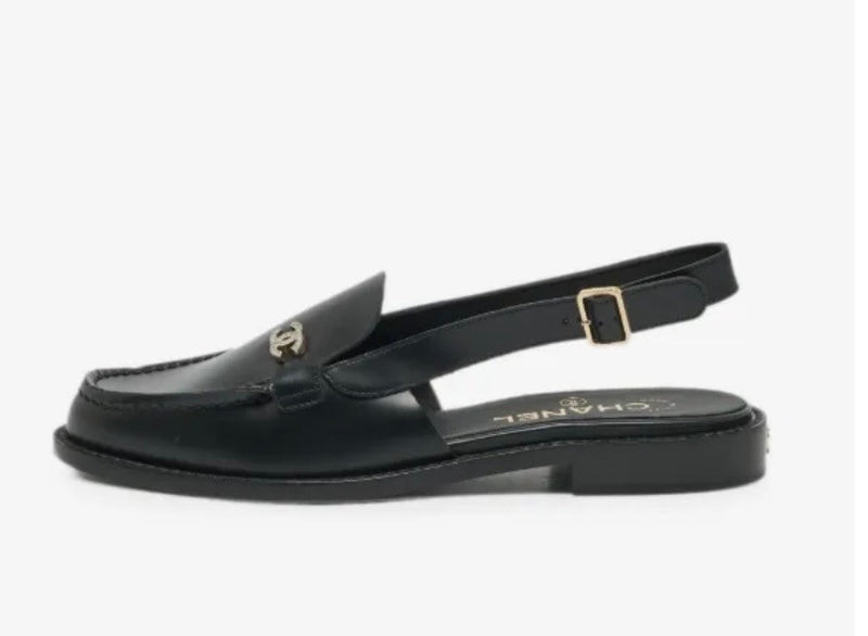 CHANEL Black Leather Flat Shoes