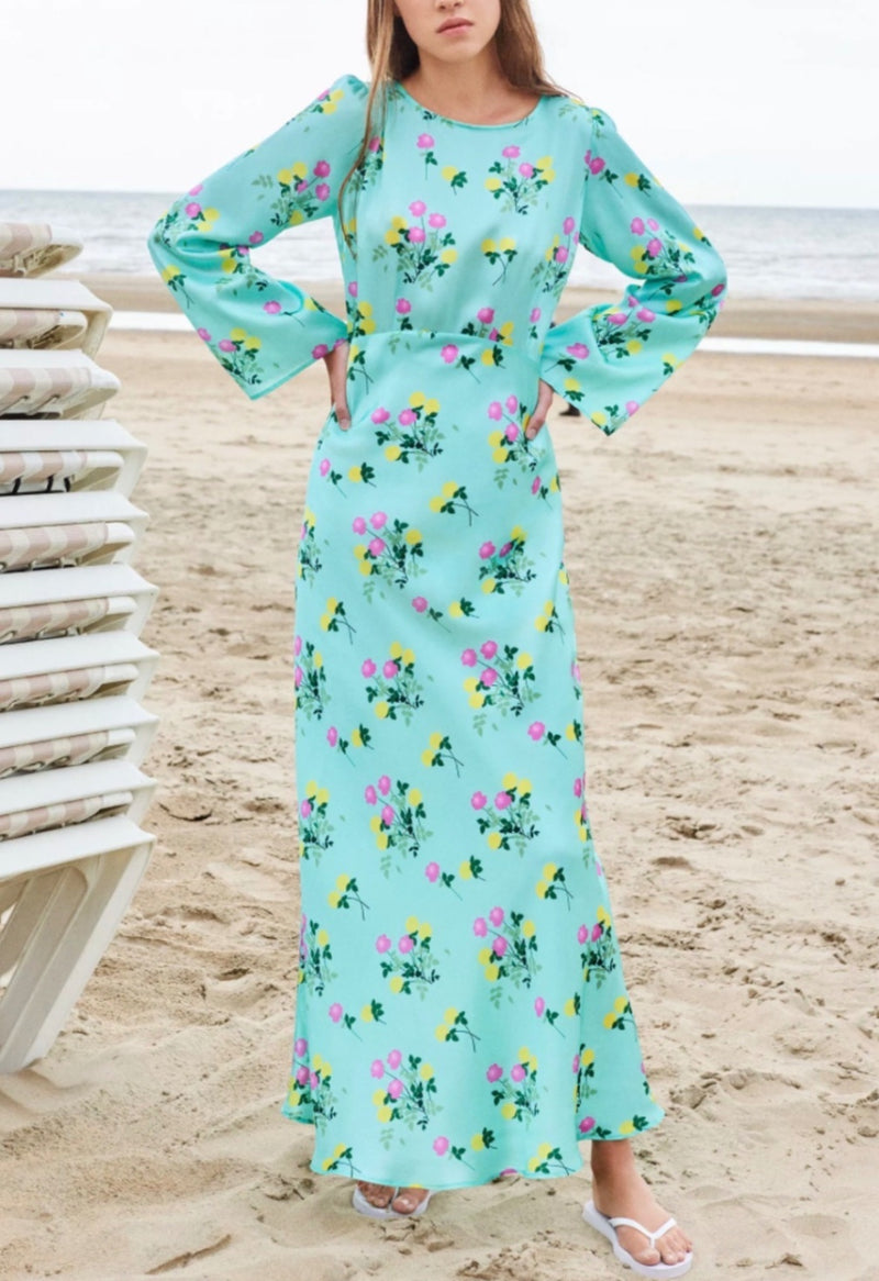Bernadette Light Blue with Pink and Yellow Floral Silk Maxi Dresses