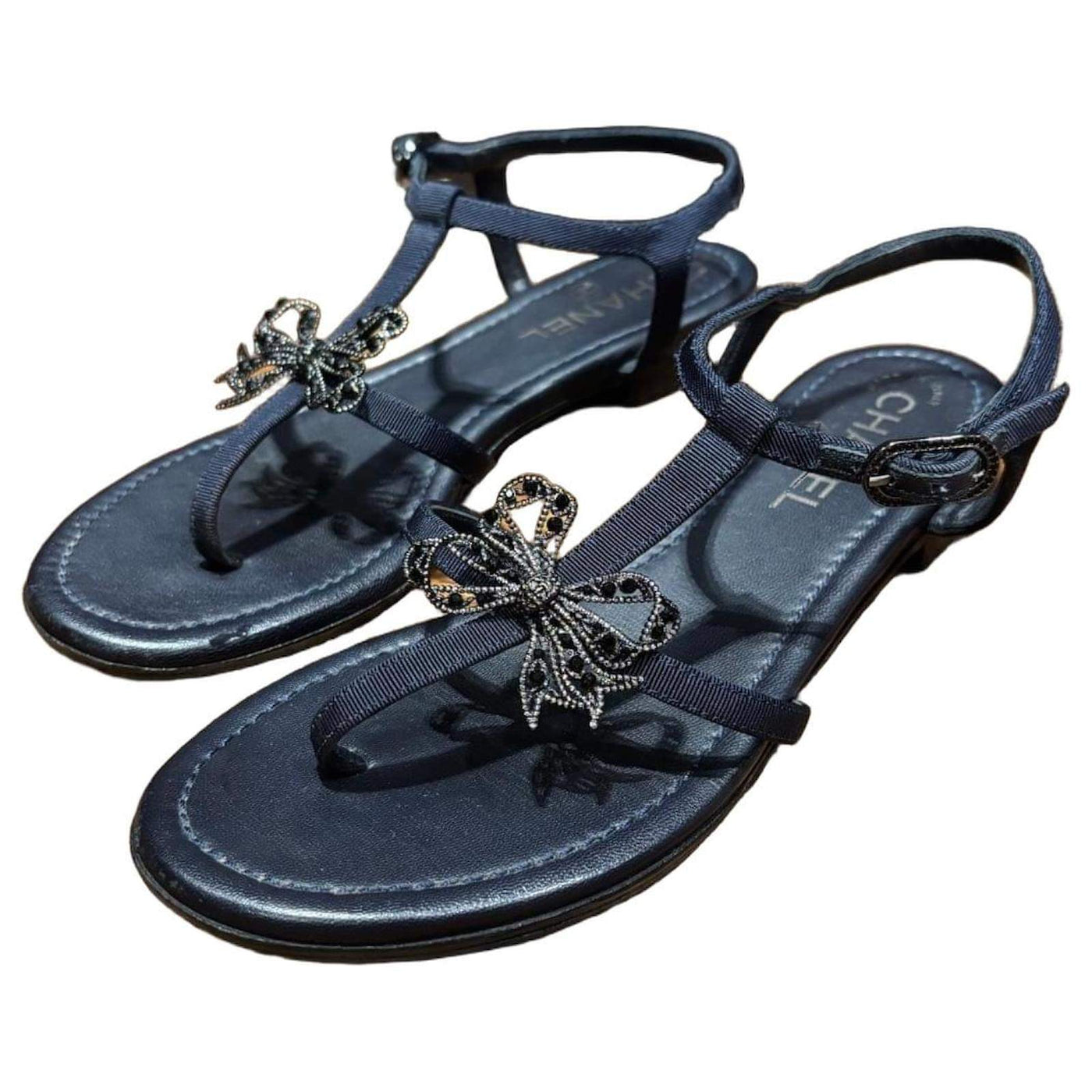 Chanel Navy Leather Sandals 37