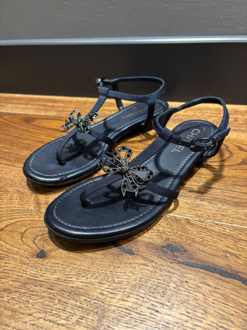 Chanel Navy Leather Sandals 37