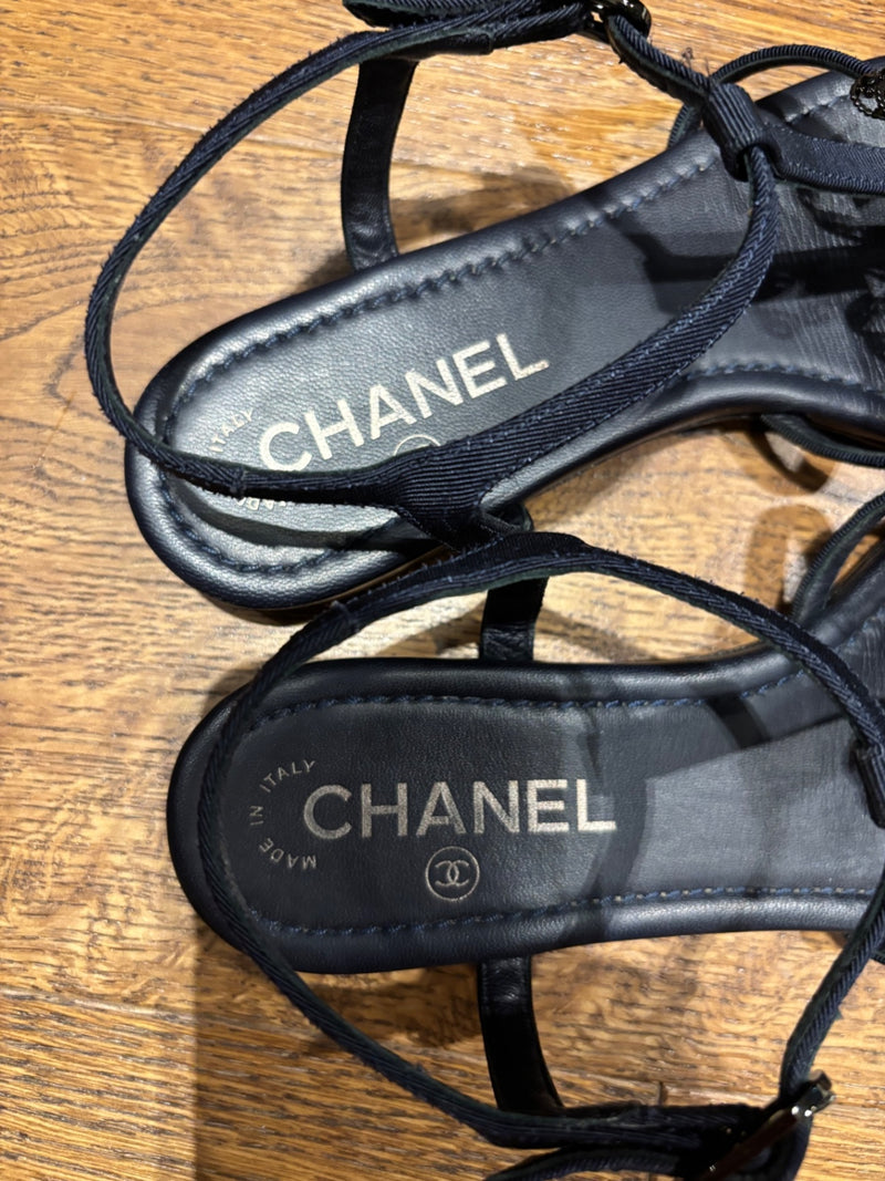 Chanel Navy Leather Sandals 37