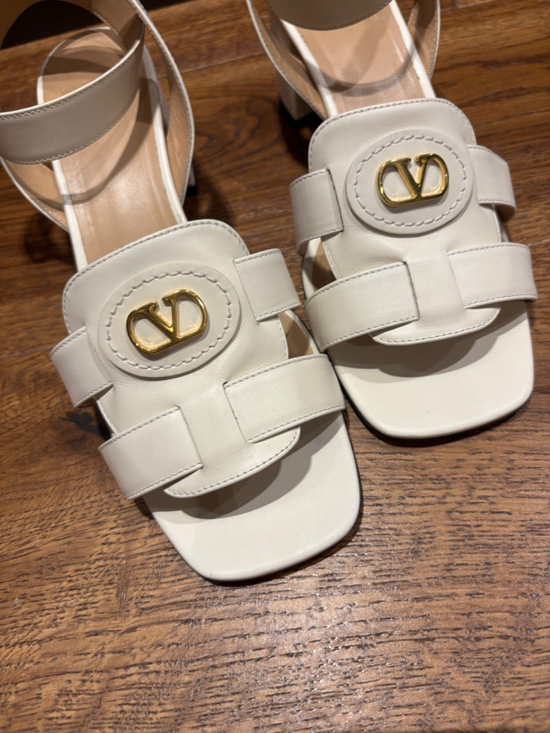 Valentino Ecru V logo Leather Sandals 37