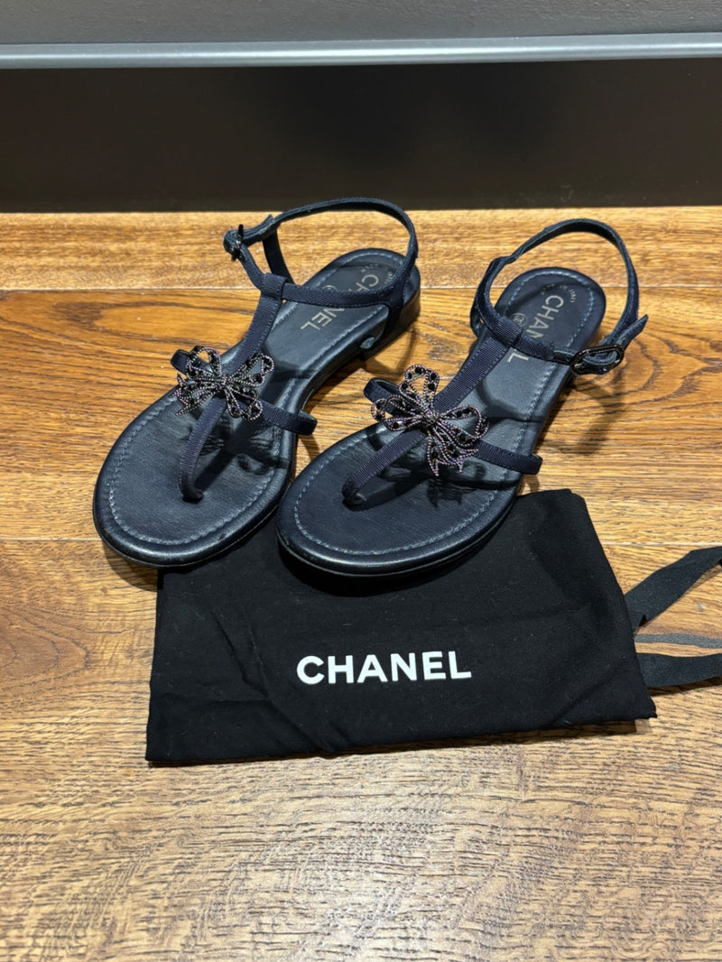 Chanel Navy Leather Sandals 37