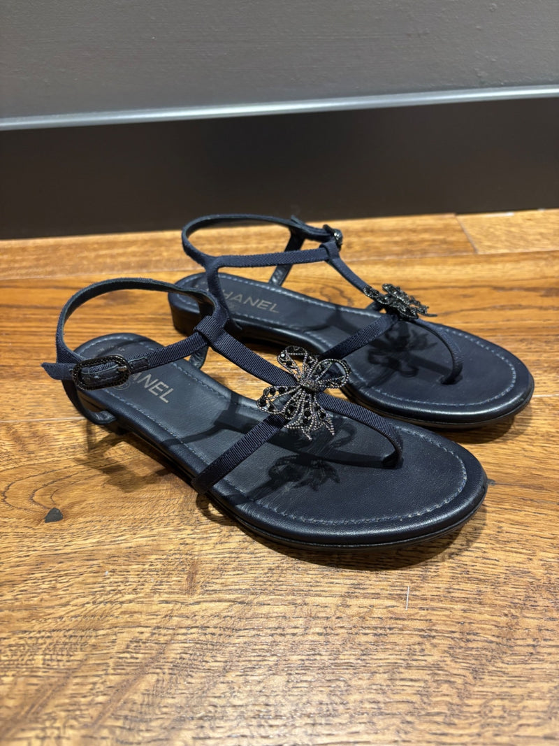 Chanel Navy Leather Sandals 37