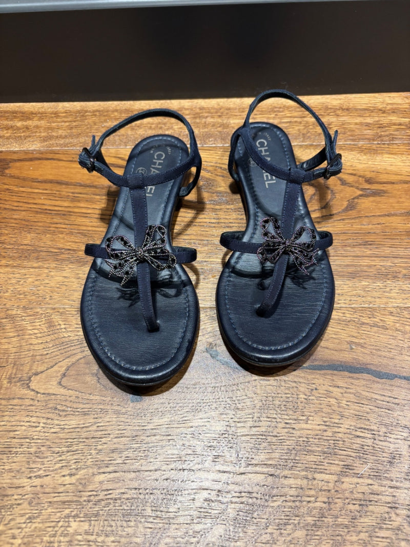 Chanel Navy Leather Sandals 37