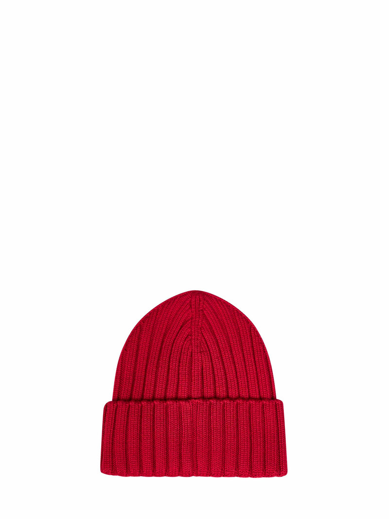 Moncler L20933b00036a9327456 Ribbed Virgin Wool Beanie — Red Beanies