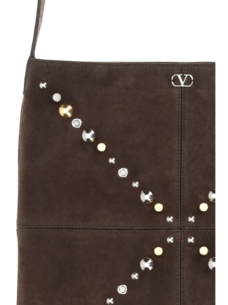 Valentino Garavani Studded Suede Shoulder Bag — Brown Calf Leather Bos Taurus