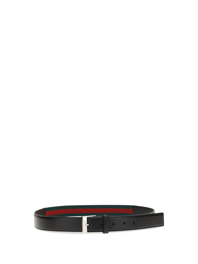 Gucci Square-Buckle Web Stripe Belt — Black Calf Leather