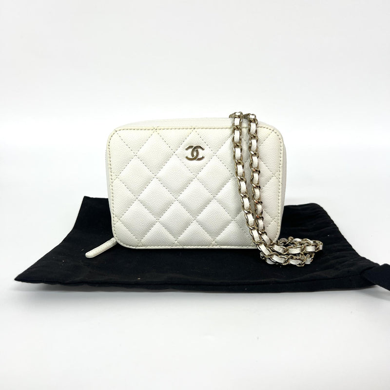 Chanel Square Cc Chain Camera Quilted Caviar White Leather Bag
