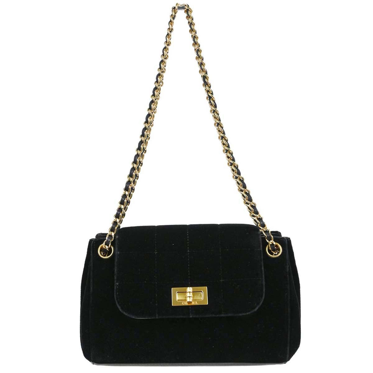 Chanel Chocolate Bar Mademoiselle Lock Chain Quilted Velvet Black Bag
