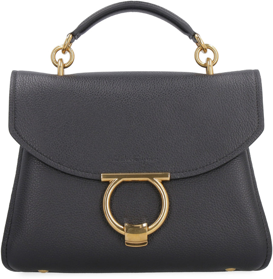 Ferragamo Gancini Top Handle Bag — Black Calfskin