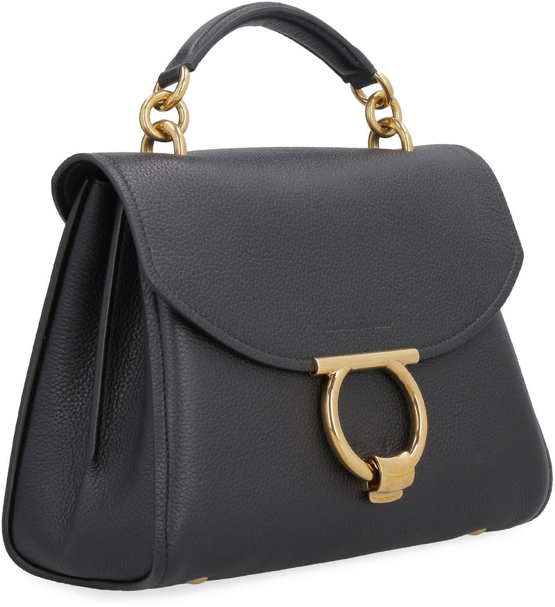 Ferragamo Gancini Top Handle Bag — Black Calfskin