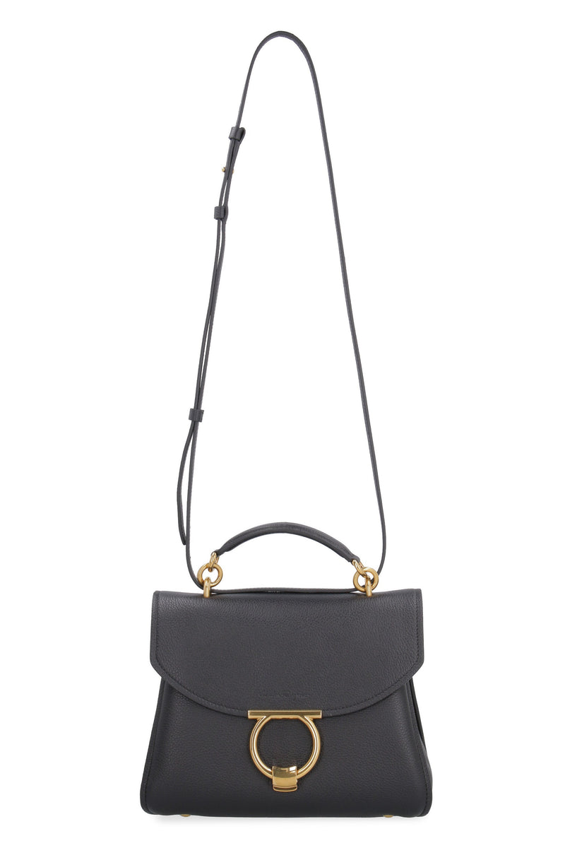 Ferragamo Gancini Top Handle Bag — Black Calfskin