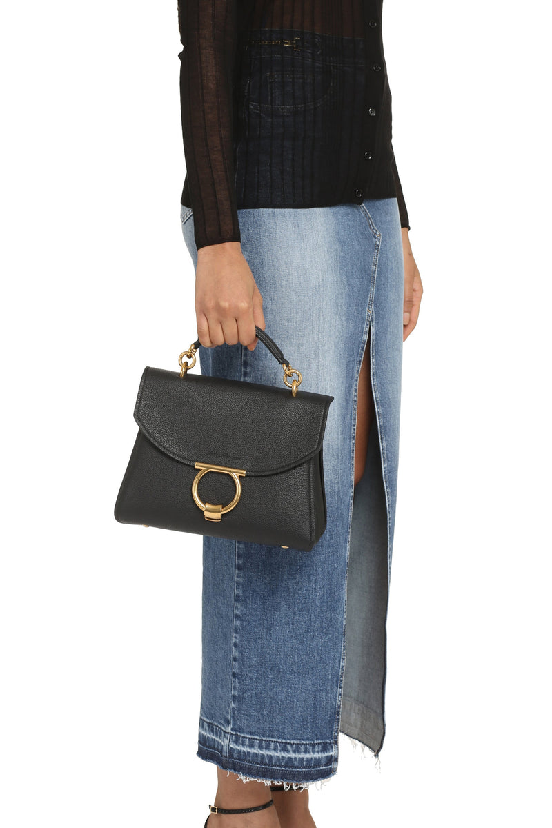 Ferragamo Gancini Top Handle Bag — Black Calfskin