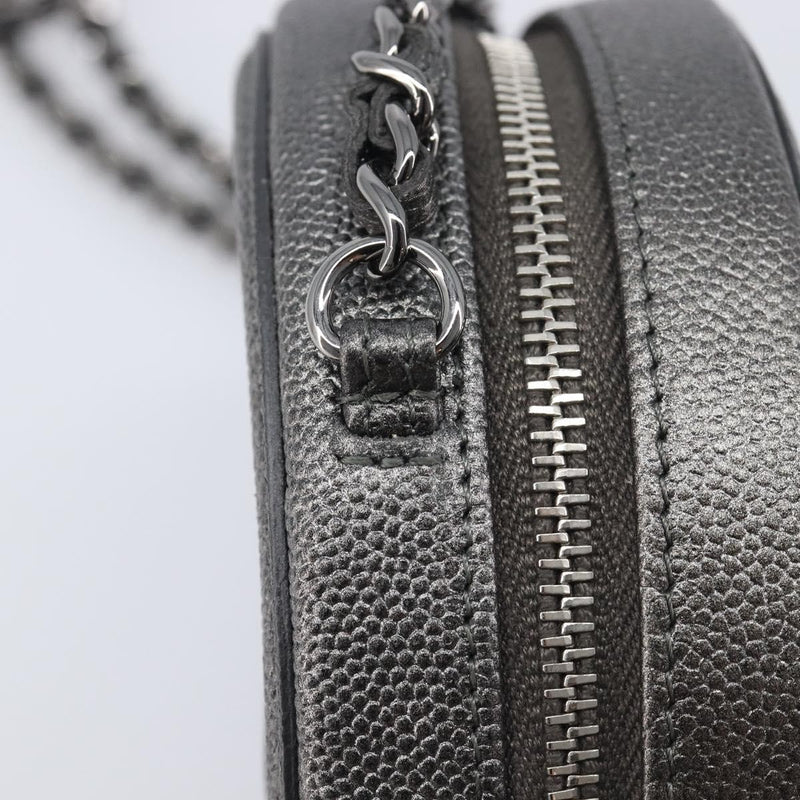 Chanel Filigree Round Clutch With Chain Quilted Iridescent Caviar Gray Leather