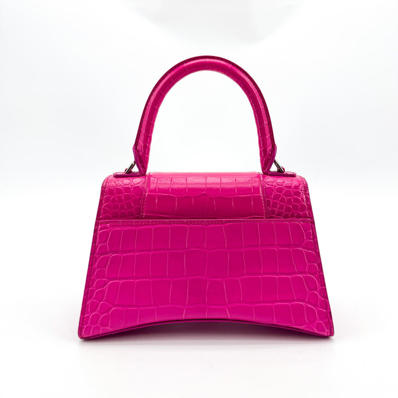 Balenciaga Hourglass Top Handle Crocodile Embossed Leather Pink Bag