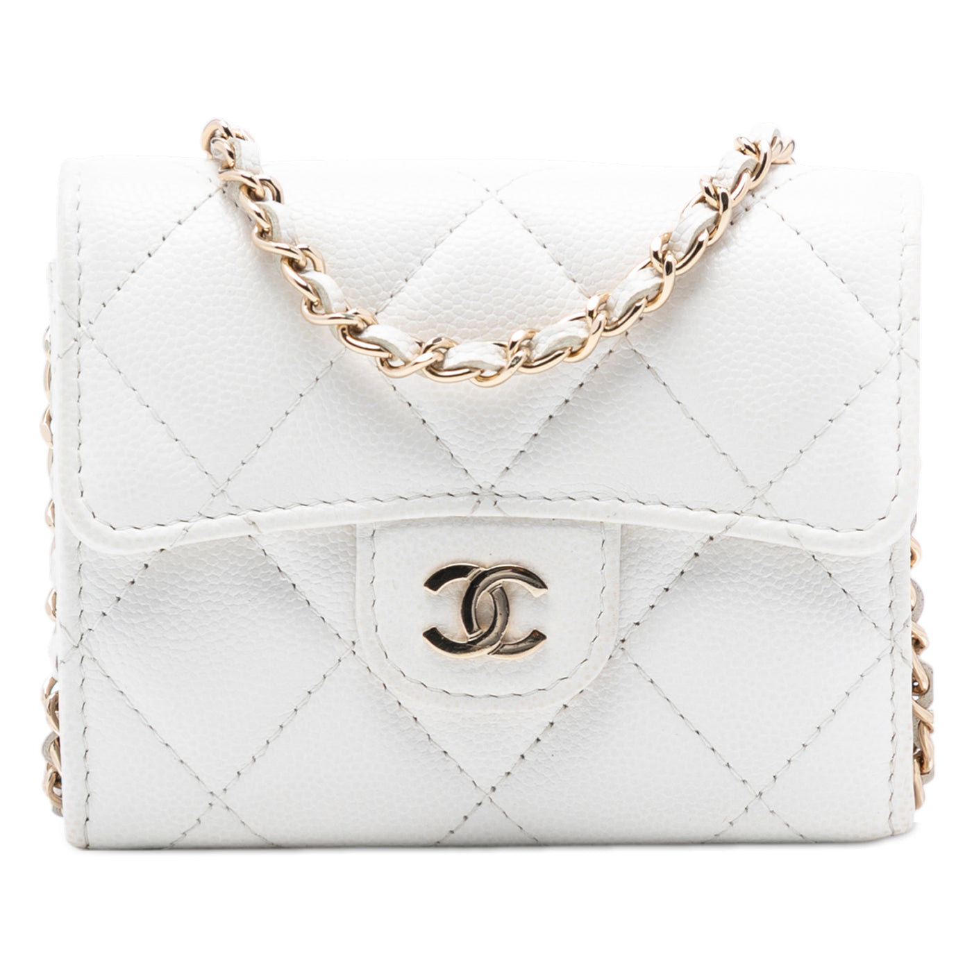 CC Quilted Caviar Flap Card Holder with Chain - Image 1