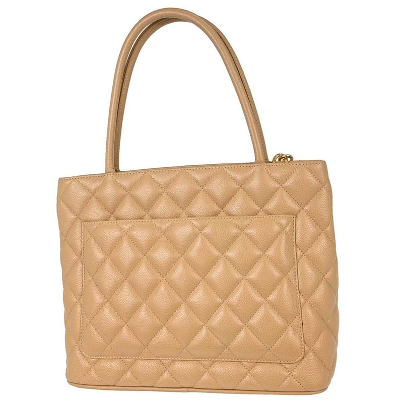 Chanel Medallion Quilted Caviar Beige Leather Bag