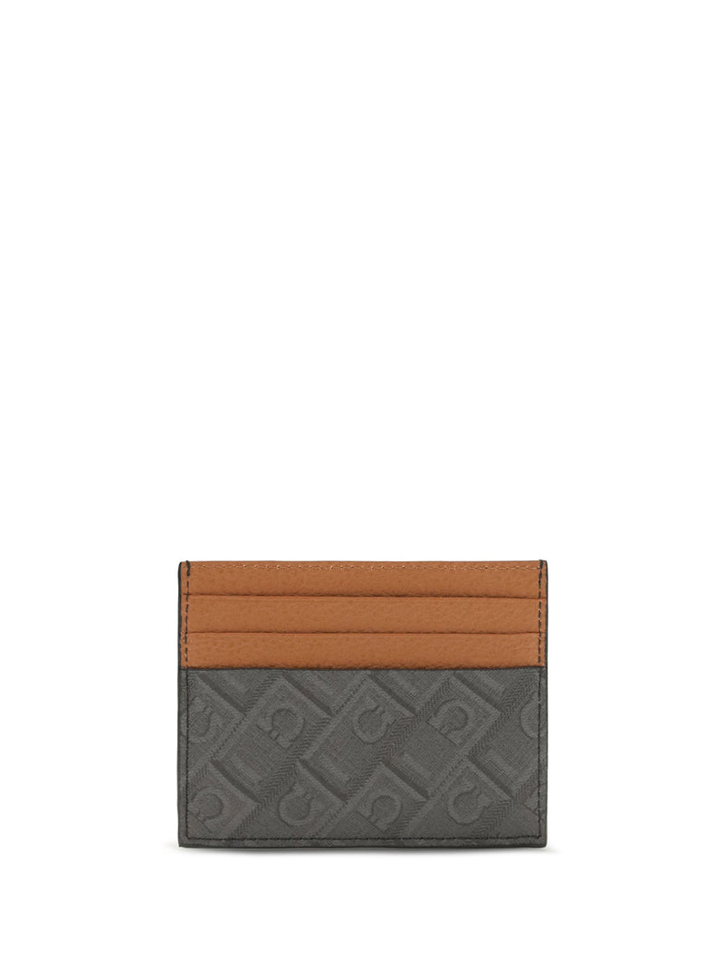 Ferragamo Monogram Leather Card Case — Gray Calf Bos Taurus Wallet