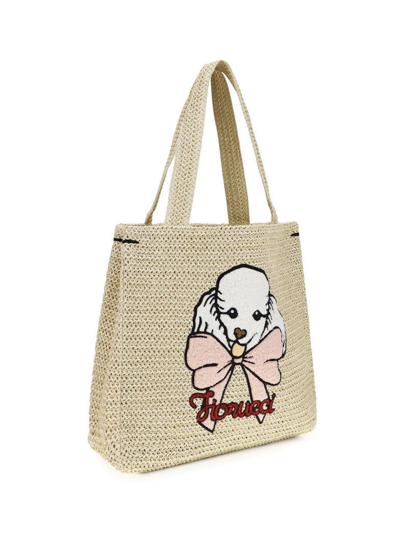 Fiorucci Poodle-Embroidered Raffia Tote Bag — Beige Paper; Cotton