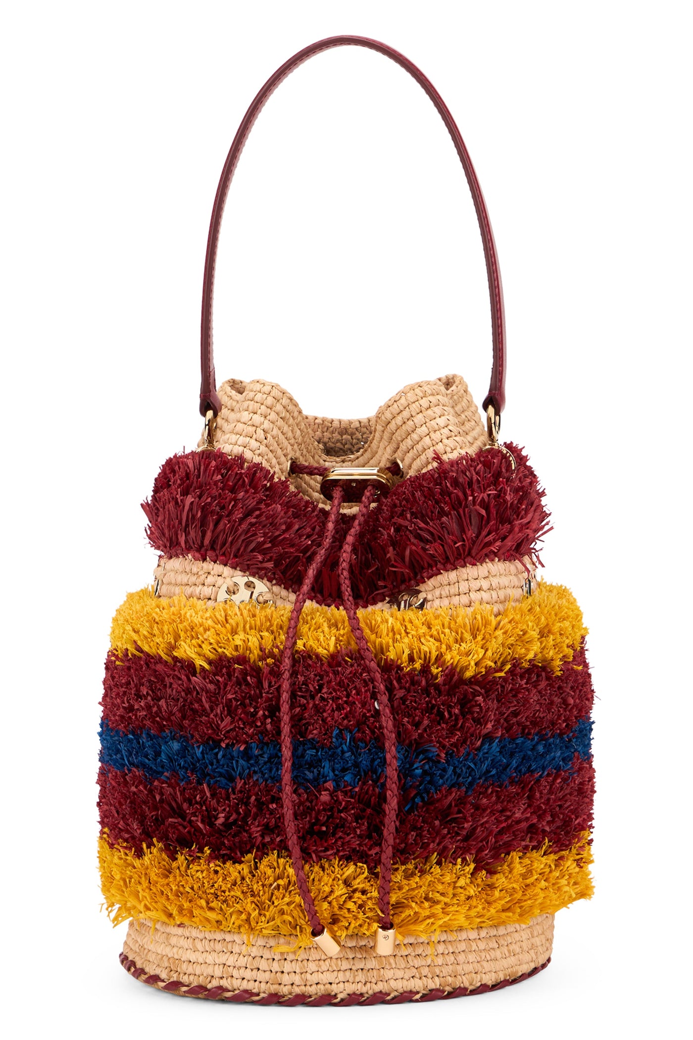 Rabanne Fringed Raffia Bucket Bag — Multicolor