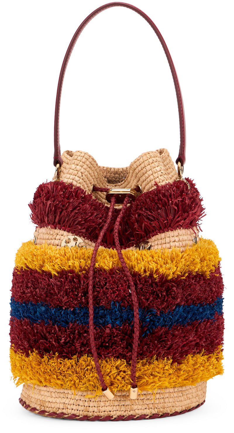 Rabanne Fringed Raffia Bucket Bag — Multicolor