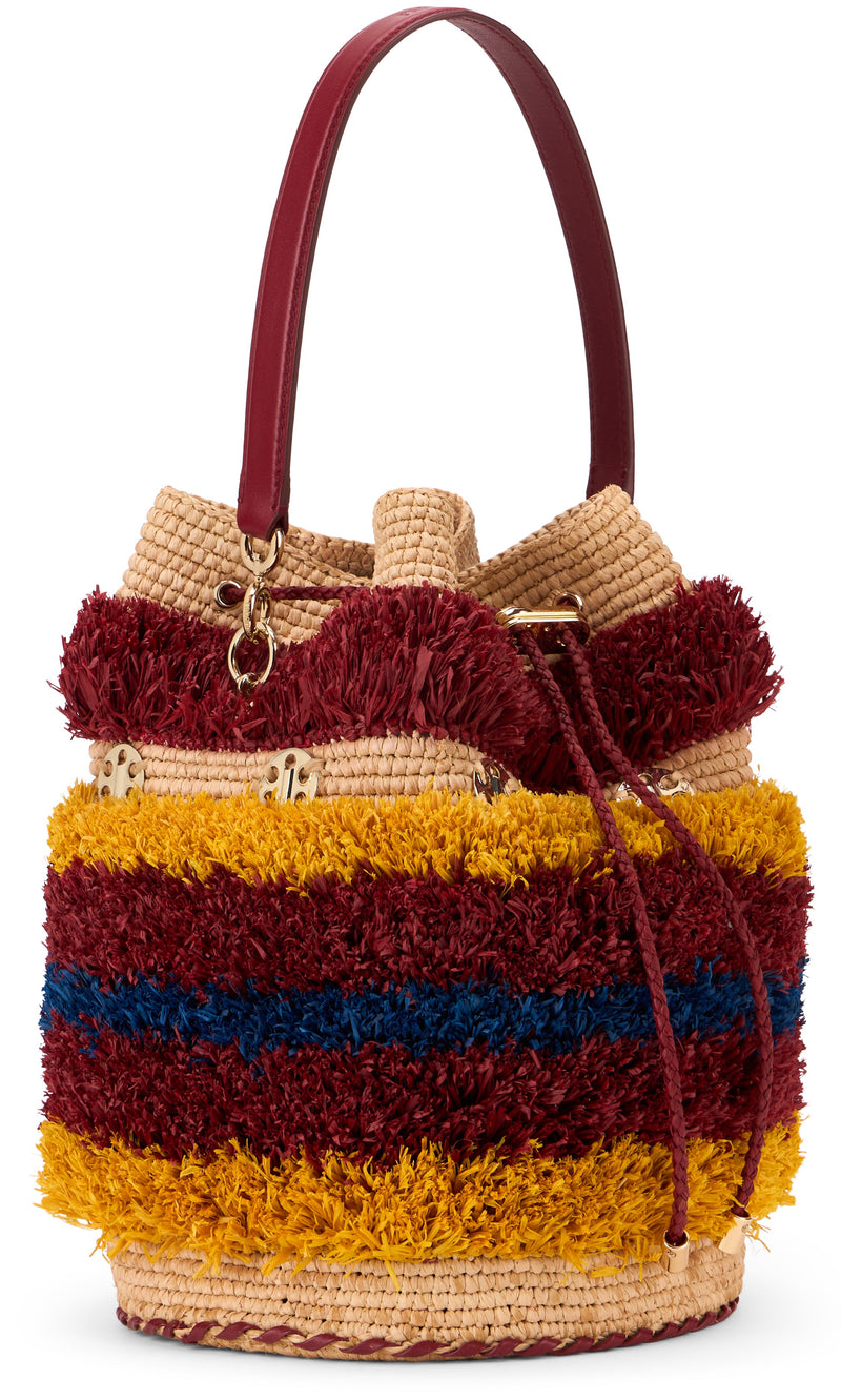 Rabanne Fringed Raffia Bucket Bag — Multicolor