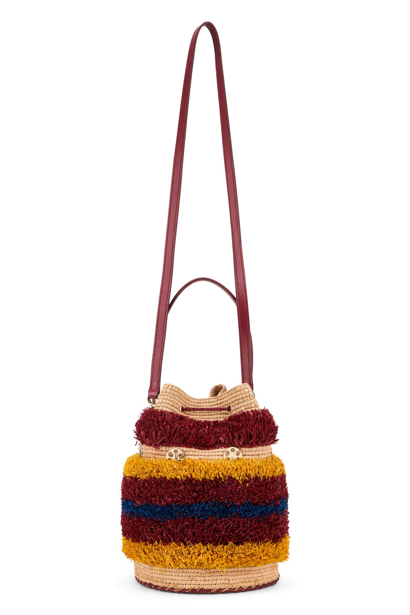 Rabanne Fringed Raffia Bucket Bag — Multicolor