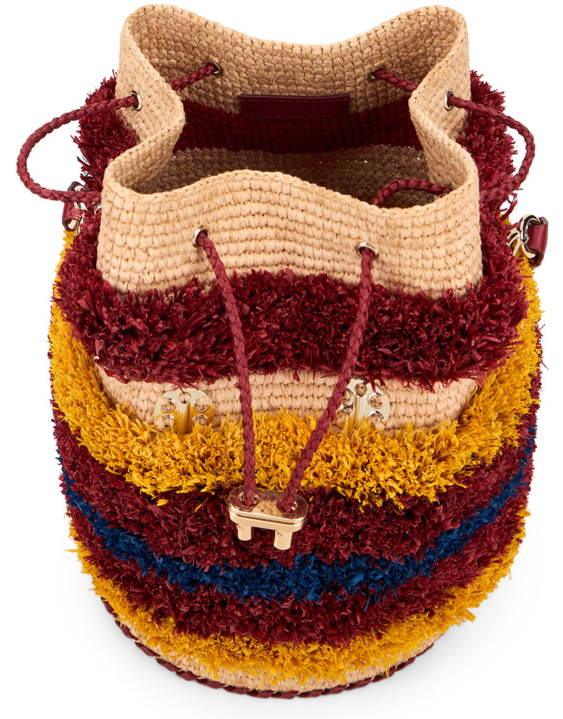 Rabanne Fringed Raffia Bucket Bag — Multicolor
