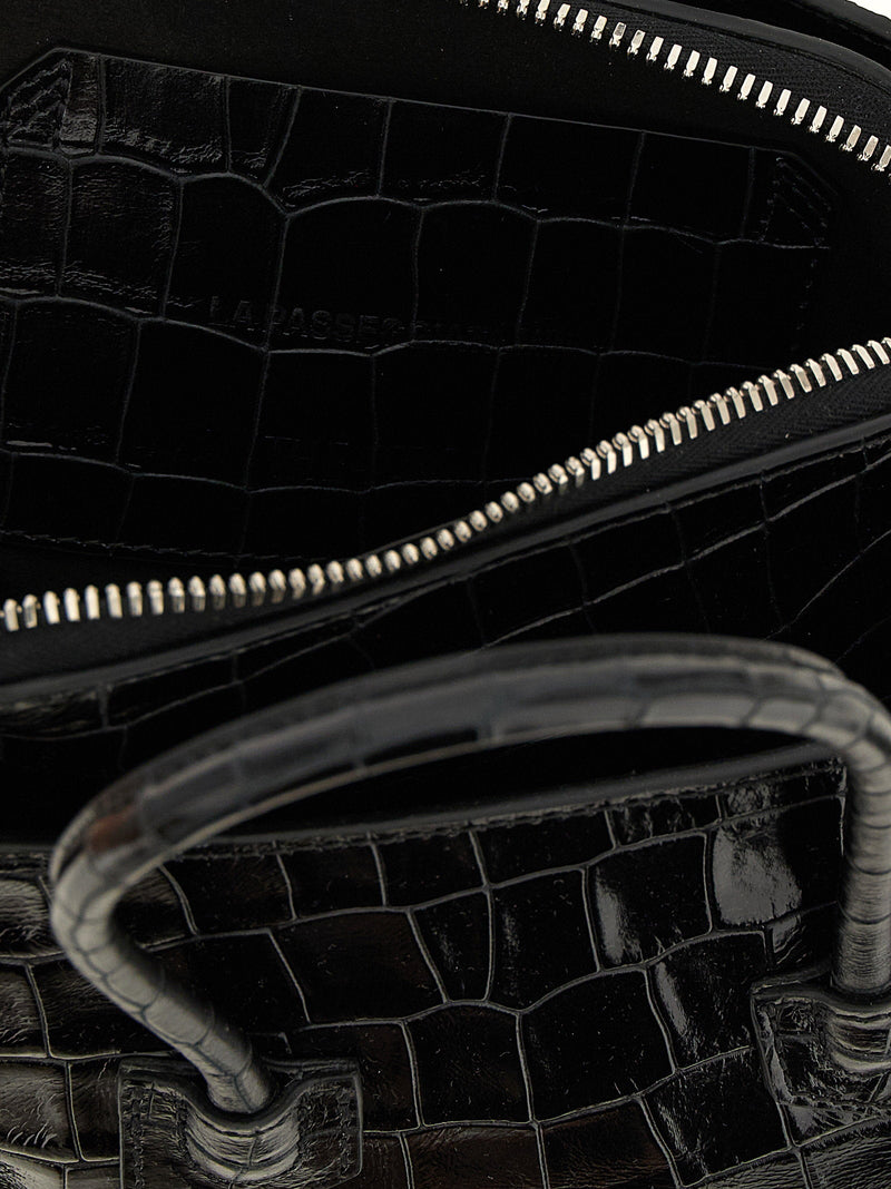 The Attico Top Handle Bag — Black Cowhide With Crocodile Print
