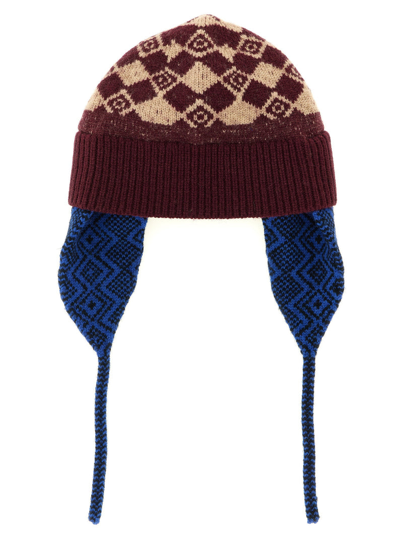 Dries Van Noten Geometric Diamond Knit Winter Hat — Burgundy Pure Wool