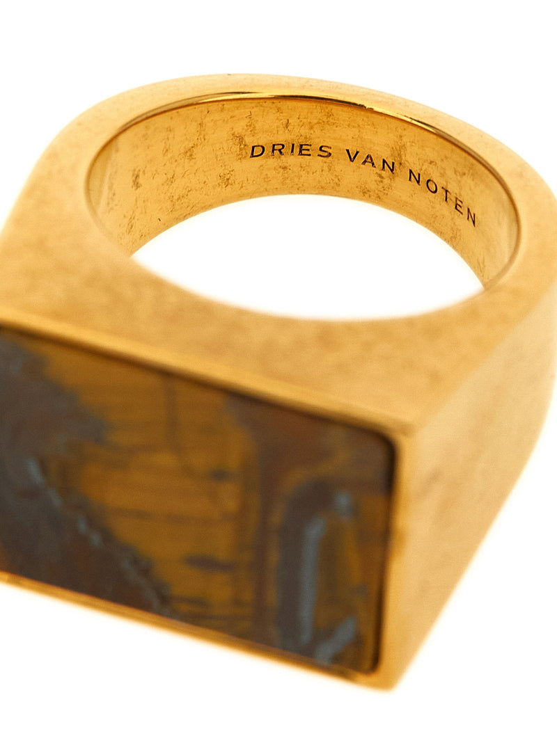 Dries Van Noten Tigers Eye Stone Ring — Gold Gilded Brass Rings
