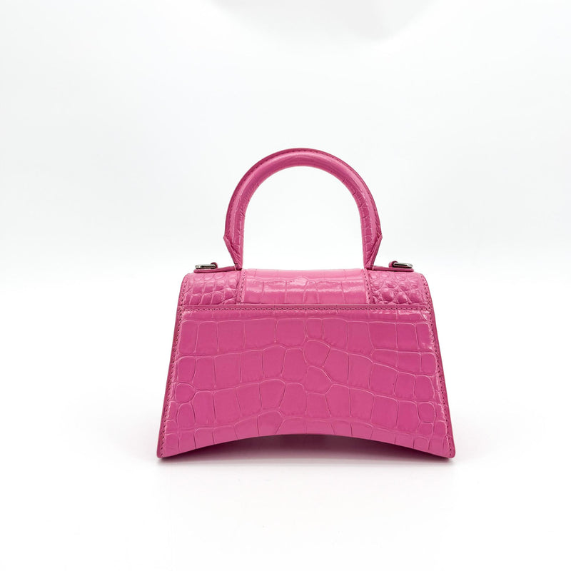 Balenciaga Hourglass Top Handle Crocodile Embossed Leather Pink Bag