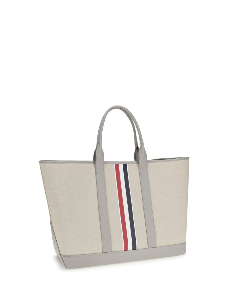 Thom Browne Canvas With Leather Trim Tote Bag — Beige