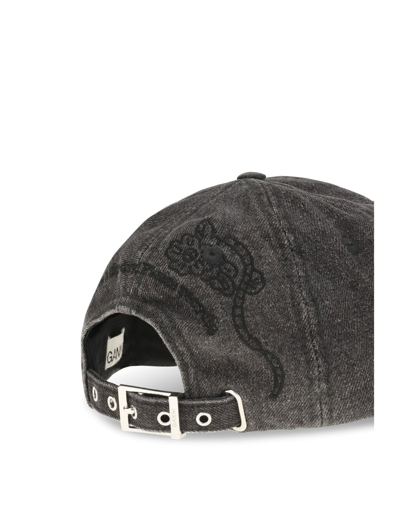Ganni B3020214 Embroidered Denim Baseball Cap — Black Recycled Polyester; Cotton Caps