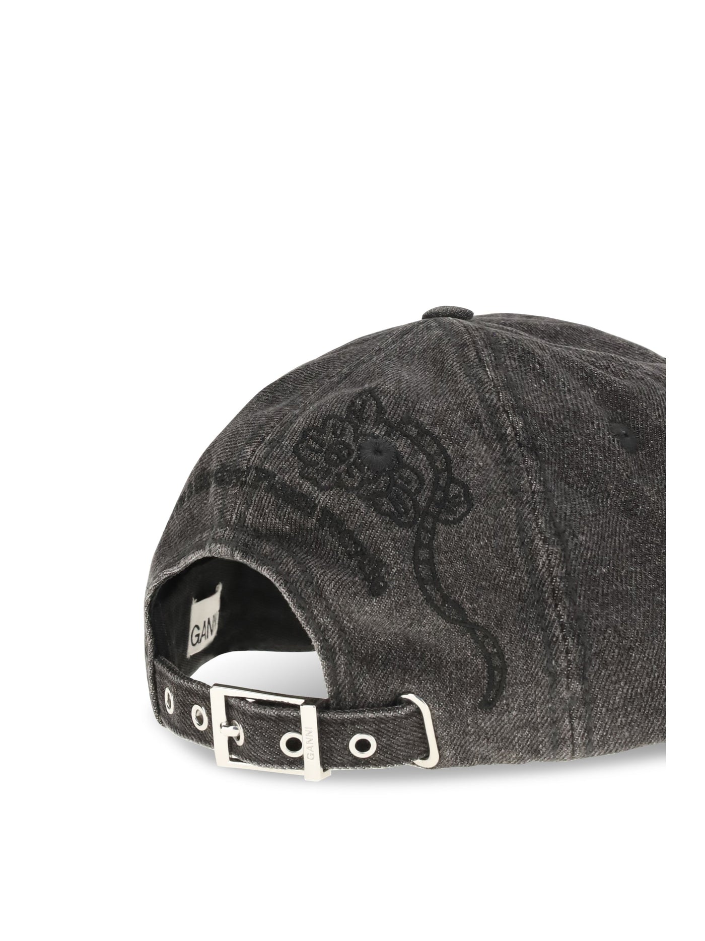 Ganni B3020214 Embroidered Denim Baseball Cap — Black Recycled Polyester Caps