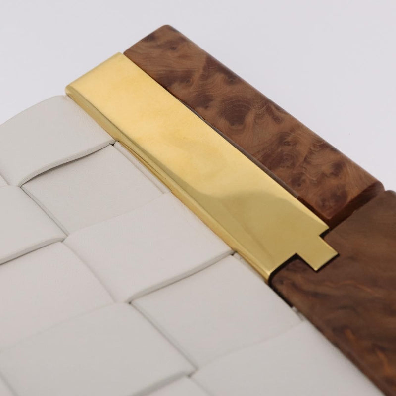 Bottega Veneta The Snap Clutch Maxi Intrecciato Leather With Wood And Metal White