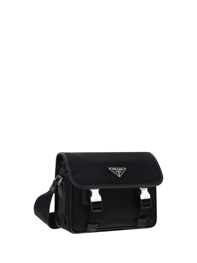 Prada Re-Nylon With Triangular Plaque Shoulder Bag — Black Polyamide