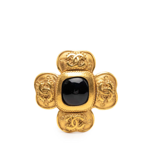 CC Gold Plated Black Stone Clover Brooch - Image 1