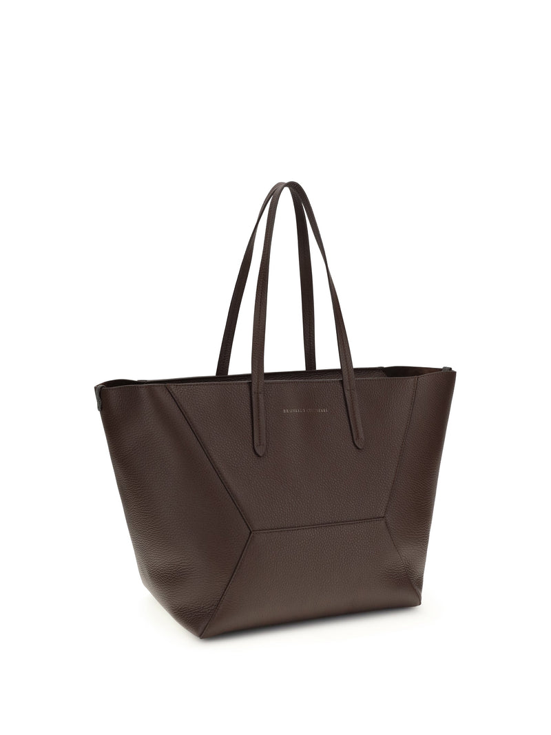 Brunello Cucinelli Hammered Calf Leather Tote Bag — Burgundy Bos Taurus
