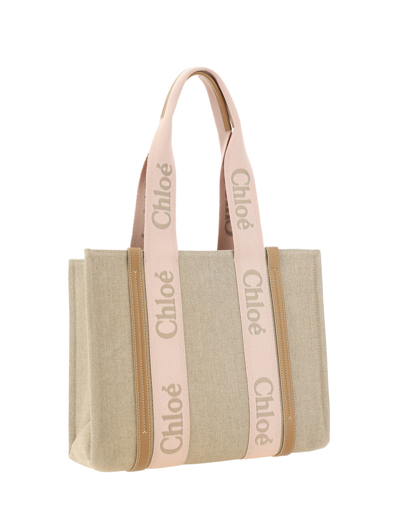 Chloé Linen With Leather Trim Shoulder Bag — Beige