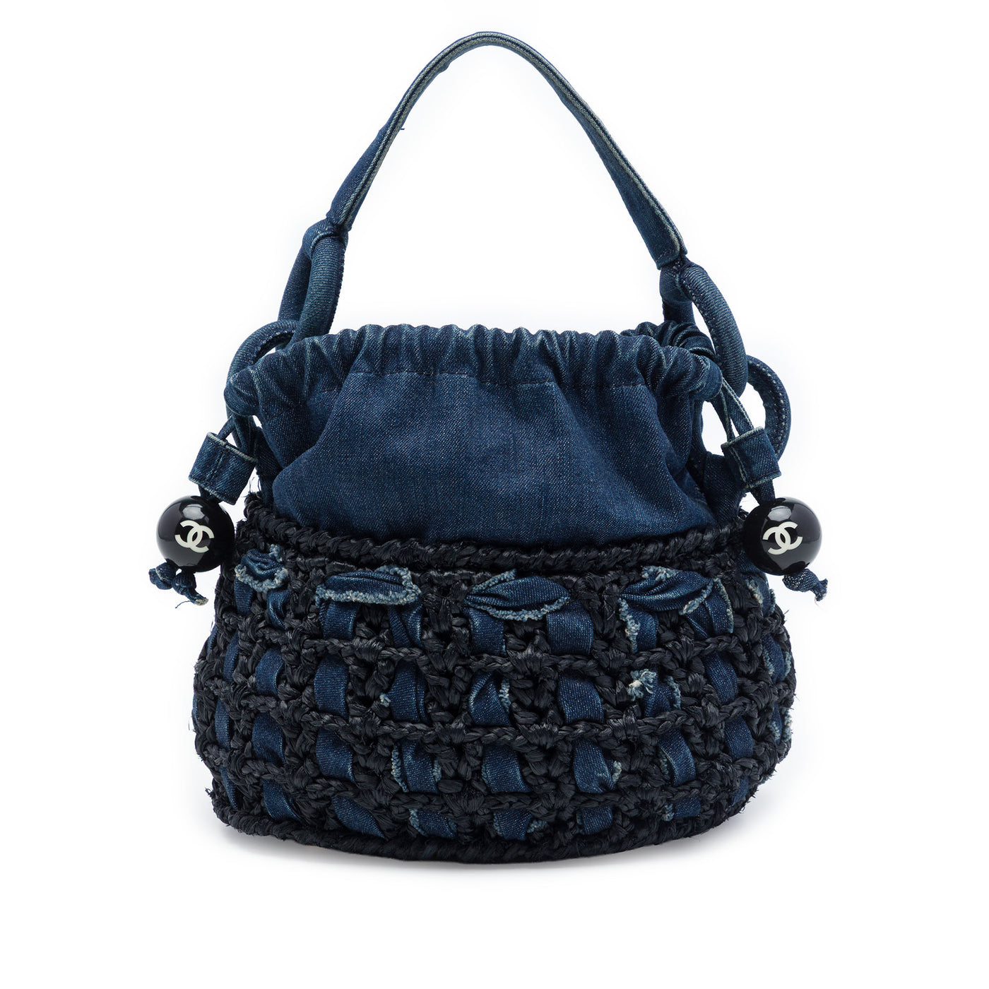 CC Woven Denim and Raffia Drawstring Bucket Bag - Image 1