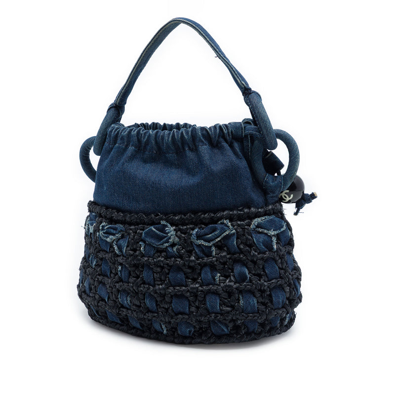 CC Woven Denim and Raffia Drawstring Bucket Bag - Image 2
